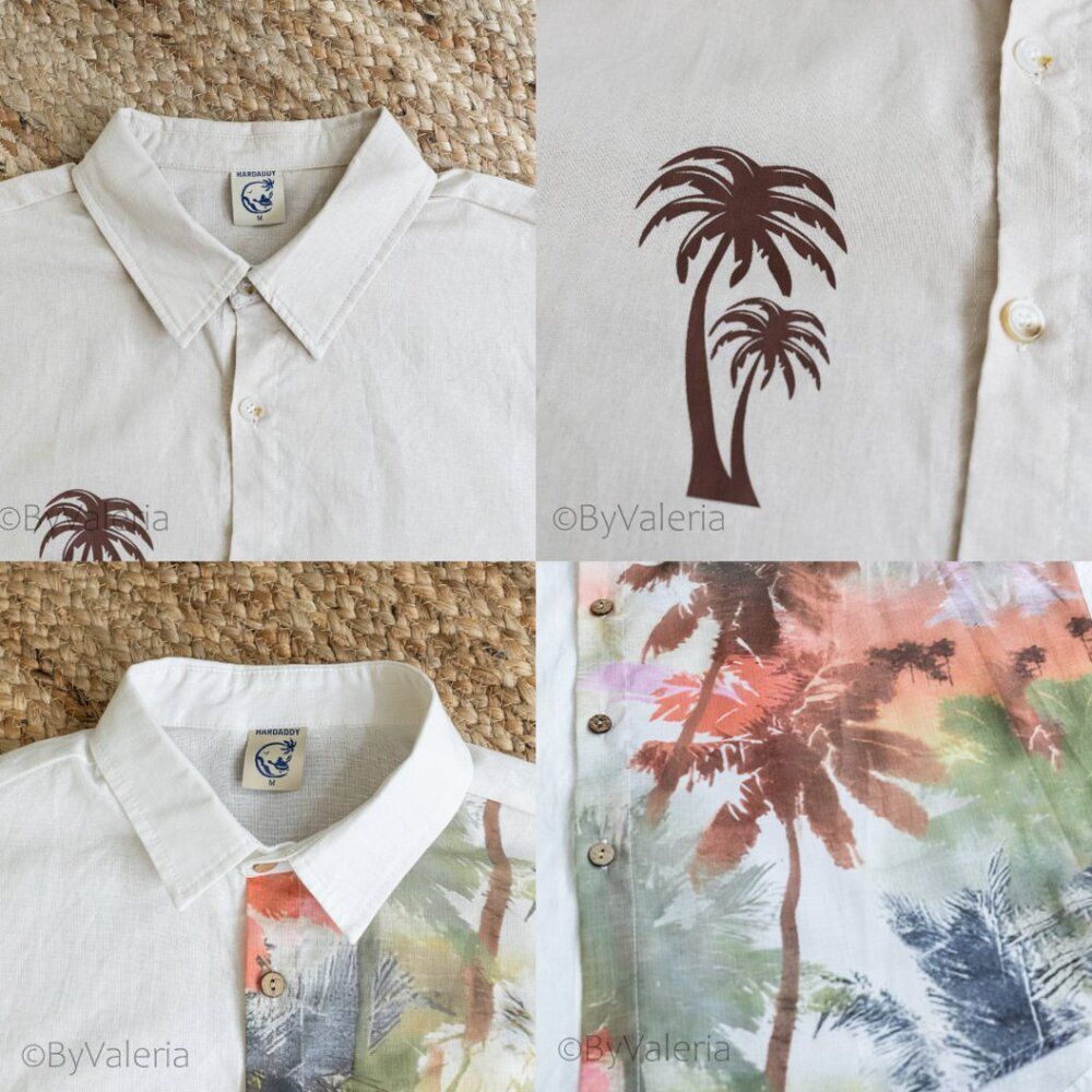 2 Hardaddy 100% Cotton Button Up M Long Sleeve Shirts Palm Tree Tropical Resort - Picture 7 of 16